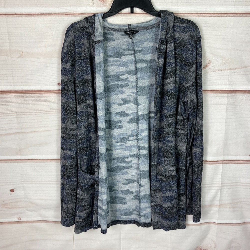 Lucky Brand Sweater Womens M Gray Blue Camo Hooded Cardigan Open Front Knit